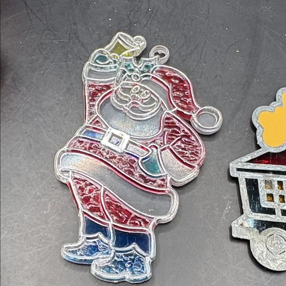 Vintage Plastic Stained Glass Santa and Train Christmas Ornaments